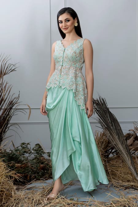Shop Varun Chakkilam Green Net, Satin V Neck Hand Embroidered Peplum Top And Draped Skirt Set at Aza Fashions Shop_Varun Chakkilam_Green Net, Satin V Neck Hand Embroidered Peplum Top And Draped Skirt Set _at_Aza_Fashions
