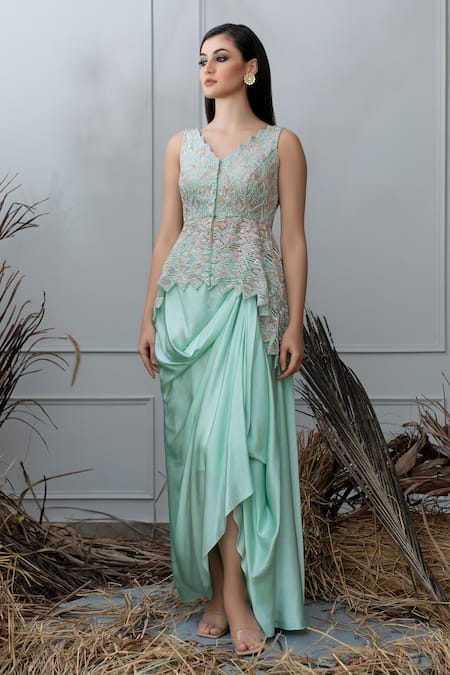 Varun Chakkilam Green Net, Satin V Neck Hand Embroidered Peplum Top And Draped Skirt Set Online at Aza Fashions Varun Chakkilam_Green Net, Satin V Neck Hand Embroidered Peplum Top And Draped Skirt Set _Online_at_Aza_Fashions