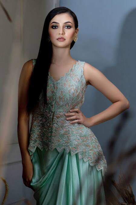 Buy Varun Chakkilam Green Net, Satin V Neck Hand Embroidered Peplum Top And Draped Skirt Set Online at Aza Fashions Buy_Varun Chakkilam_Green Net, Satin V Neck Hand Embroidered Peplum Top And Draped Skirt Set _Online_at_Aza_Fashions