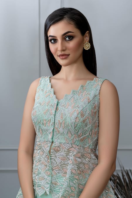 Varun Chakkilam Green Net, Satin V Neck Hand Embroidered Peplum Top And Draped Skirt Set at Aza Fashions Varun Chakkilam_Green Net, Satin V Neck Hand Embroidered Peplum Top And Draped Skirt Set _at_Aza_Fashions