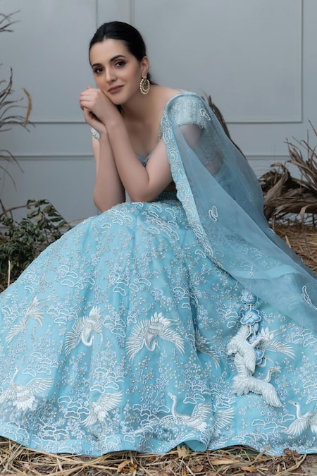 Varun Chakkilam Blue , Net, Light Scoop Neck Hand Embroidered Bridal Lehenga Set Online at Aza Fashions Varun Chakkilam_Blue , Net, Light Scoop Neck Hand Embroidered Bridal Lehenga Set _Online_at_Aza_Fashions