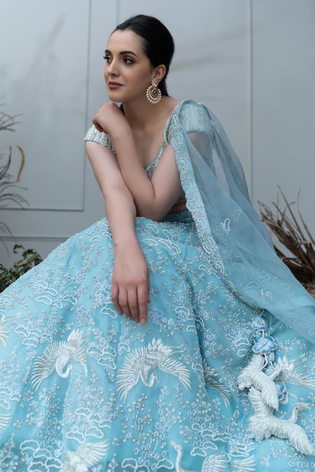 Shop Varun Chakkilam Blue , Net, Light Scoop Neck Hand Embroidered Bridal Lehenga Set Online at Aza Fashions Shop_Varun Chakkilam_Blue , Net, Light Scoop Neck Hand Embroidered Bridal Lehenga Set _Online_at_Aza_Fashions