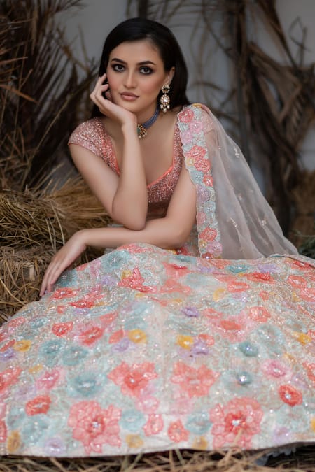 Buy_Varun Chakkilam_Multi Color , Light Scoop Hand Embroidered Bridal Lehenga Set _Online_at_Aza_Fashions