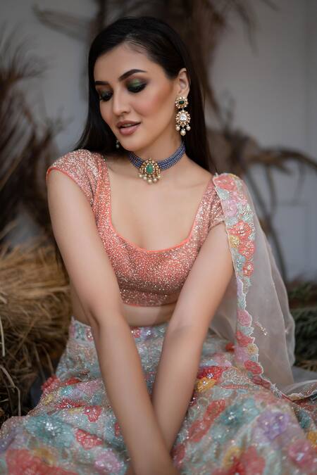 Shop_Varun Chakkilam_Multi Color , Light Scoop Hand Embroidered Bridal Lehenga Set _Online_at_Aza_Fashions