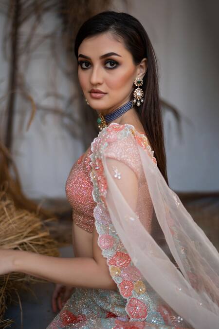 Varun Chakkilam_Multi Color , Light Scoop Hand Embroidered Bridal Lehenga Set _at_Aza_Fashions