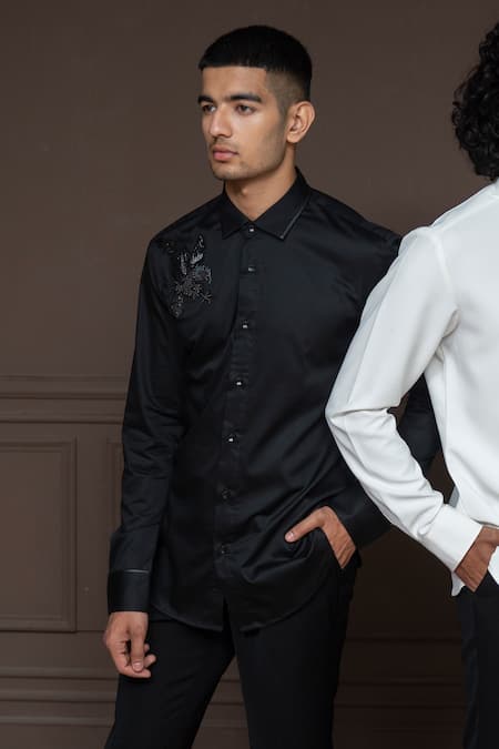 Varun Chakkilam Black Cotton Embroidered Stones Ebony Ace Shirt  