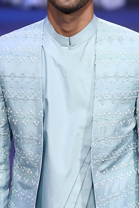 Varun Chakkilam_Blue Twill Silk Embroidered Glass Bead And Stone Jacket & Draped Kurta Set  _Online_at_Aza_Fashions