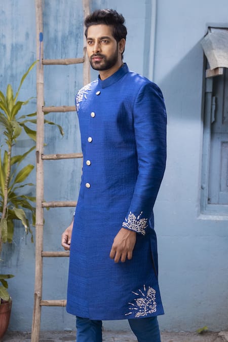 Varun Chakkilam Blue Raw Silk Embroidered Sherwani Set  