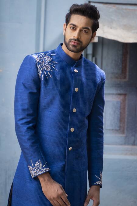 Buy_Varun Chakkilam_Blue Raw Silk Embroidered Sherwani Set  _Online_at_Aza_Fashions