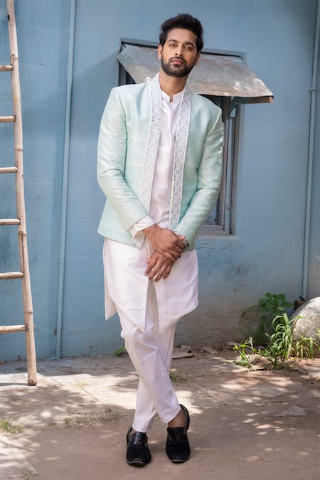 Varun Chakkilam White Raw Silk Embroidered Jacket And Kurta Set  