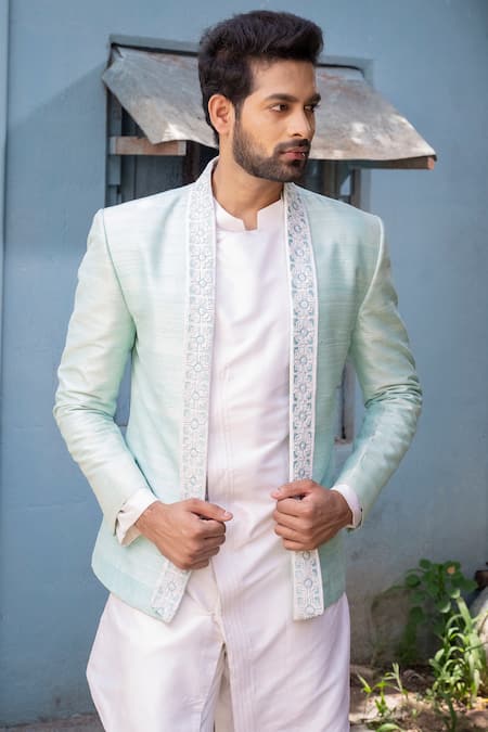 Shop Varun Chakkilam White Raw Silk Embroidered Jacket And Kurta Set at Aza Fashions Shop_Varun Chakkilam_White Raw Silk Embroidered Jacket And Kurta Set _at_Aza_Fashions