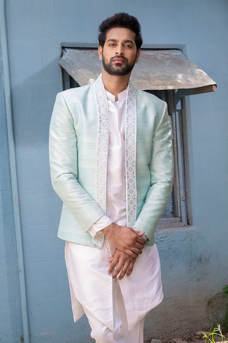Varun Chakkilam White Raw Silk Embroidered Jacket And Kurta Set Online at Aza Fashions Varun Chakkilam_White Raw Silk Embroidered Jacket And Kurta Set _Online_at_Aza_Fashions