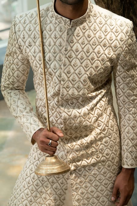 Varun Chakkilam_Beige Raw Silk Embroidered Sherwani Set _Online_at_Aza_Fashions