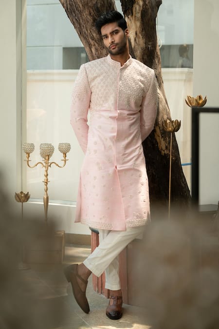 Varun Chakkilam Pink Raw Silk Embroidered Sherwani Set  