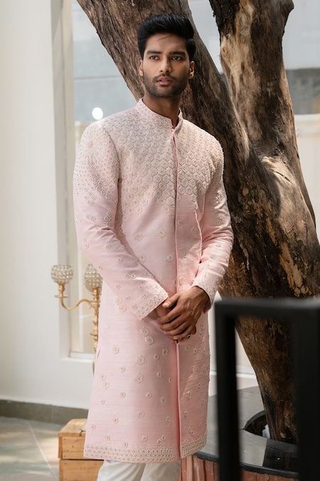 Shop_Varun Chakkilam_Pink Raw Silk Embroidered Sherwani Set _at_Aza_Fashions