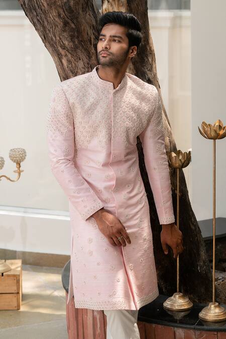Varun Chakkilam_Pink Raw Silk Embroidered Sherwani Set _Online_at_Aza_Fashions