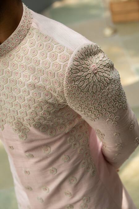 Shop_Varun Chakkilam_Pink Raw Silk Embroidered Sherwani Set _Online_at_Aza_Fashions