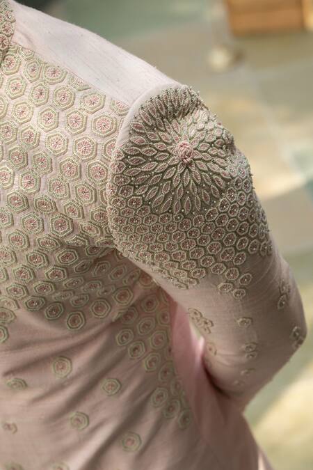 Varun Chakkilam_Pink Raw Silk Embroidered Sherwani Set _at_Aza_Fashions