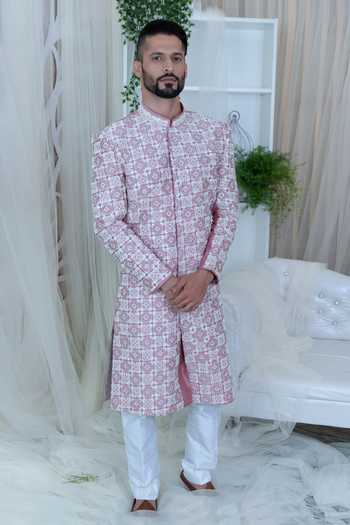 Varun Chakkilam_White Raw Silk Embroidered Sherwani Set  _Online_at_Aza_Fashions