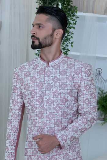 Buy_Varun Chakkilam_White Raw Silk Embroidered Sherwani Set  _Online_at_Aza_Fashions