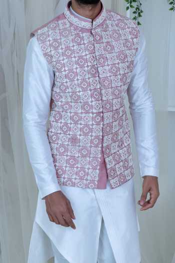 Buy_Varun Chakkilam_White Raw Silk Embroidered Bundi And Kurta Set  _Online_at_Aza_Fashions