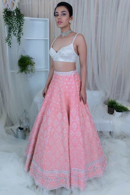 Shop_Varun Chakkilam_Coral Top Net Skirt Raw Silk Sweetheart Neck Embroidered Bridal Lehenga Set _at_Aza_Fashions