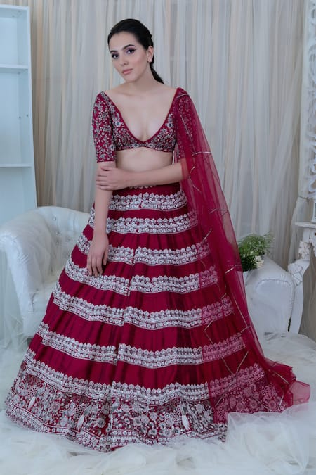 Varun Chakkilam Maroon Top Silk Skirt Silk Embroidered Bridal Lehenga Set 