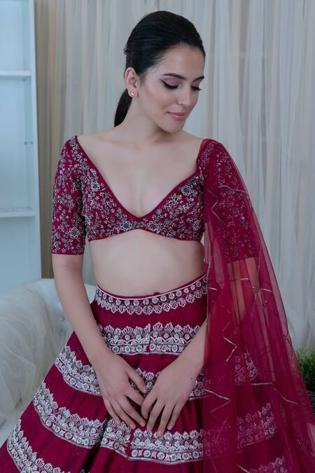 Buy_Varun Chakkilam_Maroon Top Silk Skirt Silk Dupatta Embroidered Bridal Lehenga Set_Online_at_Aza_Fashions