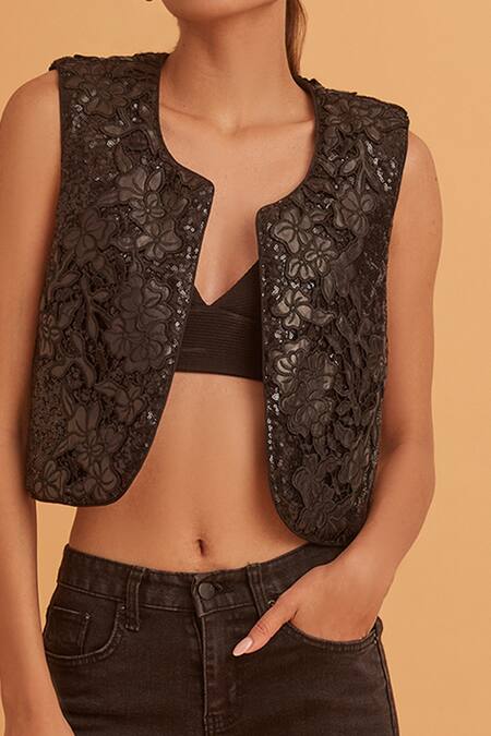 Buy_Verb By Pallavi Singhee_Black Leather Floral Pattern Jacket_Online_at_Aza_Fashions