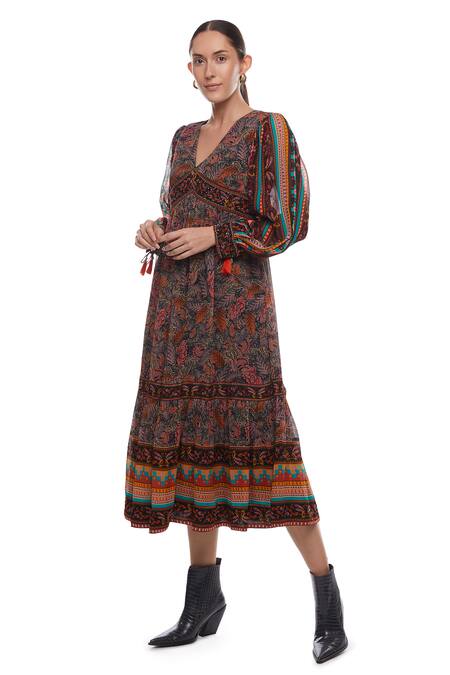 Verb By Pallavi Singhee_Multi Color Viscose Georgette V Neck Floral Print Dress_Online_at_Aza_Fashions