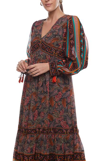 Buy_Verb By Pallavi Singhee_Multi Color Viscose Georgette V Neck Floral Print Dress_Online_at_Aza_Fashions
