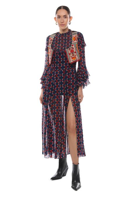 Buy Verb By Pallavi Singhee Multi Color Viscose Georgette Round Printed Slit Dress Online at Aza Fashions Buy_Verb By Pallavi Singhee_Multi Color Viscose Georgette Round Printed Slit Dress_Online_at_Aza_Fashions