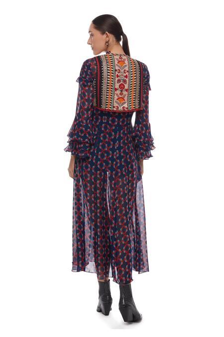 Shop Verb By Pallavi Singhee Multi Color Viscose Georgette Round Printed Slit Dress at Aza Fashions Shop_Verb By Pallavi Singhee_Multi Color Viscose Georgette Round Printed Slit Dress_at_Aza_Fashions