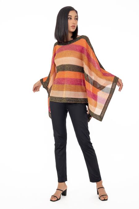 Gaya_Multi Color Crochet 85% Lurex 15% Striped Kaftan Top _Online_at_Aza_Fashions