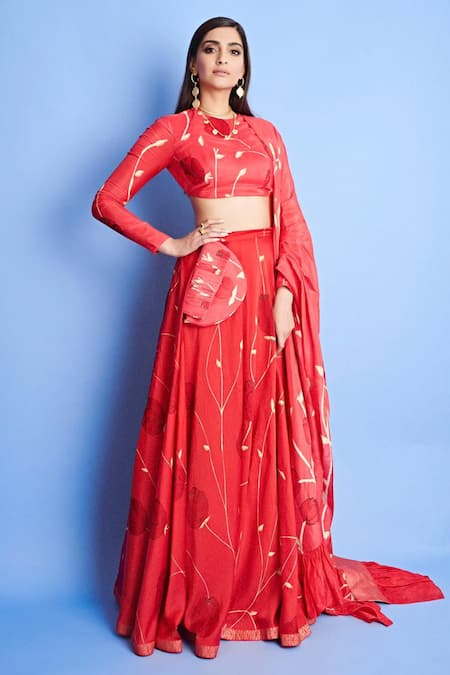 Vedika M Red Round Printed Lehenga Set 