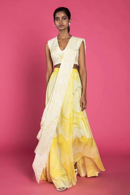 Vedika M Yellow Silk Embroidery V Neck Pre-stitched Printed Saree With Blouse  