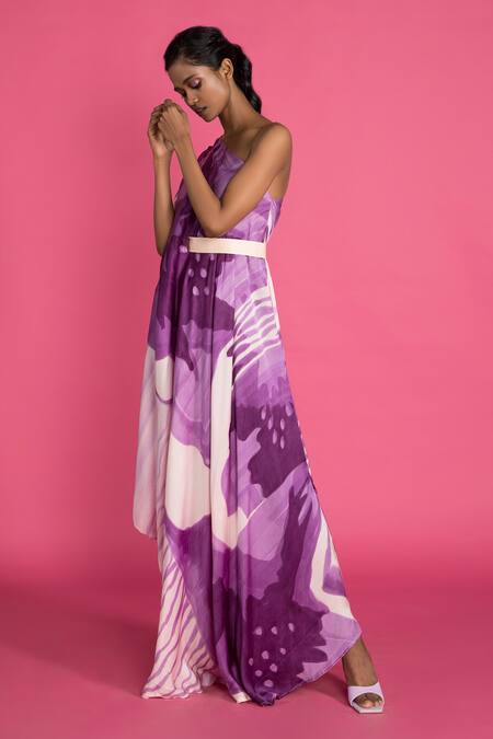 Vedika M_Purple Satin Asymmetric Abstract Print Shaded Draped Dress_Online_at_Aza_Fashions