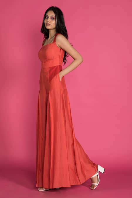 Vedika M_Red Silk Square Neck Dyed Pleated Jumpsuit _Online_at_Aza_Fashions