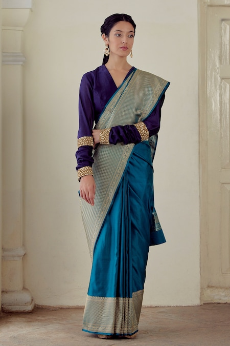 Azure Blue Stone and Kadana work Satin Silk Saree with Matching Unstit –  Seasons Chennai