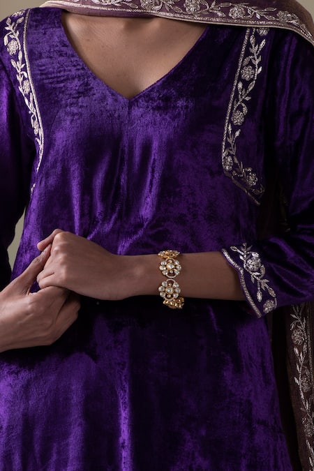 Shop_Weaver Story_Purple Tissue, Velvet Zardozi Work V Neck Kurta Palazzo Set _Online_at_Aza_Fashions