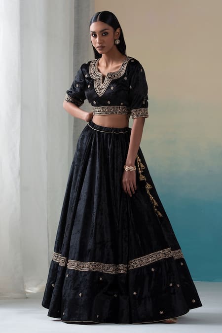 Weaver Story Black Velvet Zardozi Work V Neck Lehenga Set Online at Aza Fashions Weaver Story_Black Velvet Zardozi Work V Neck Lehenga Set _Online_at_Aza_Fashions
