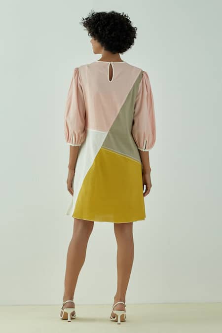 Shop Madder Much Multi Color Cotton Plain Round Venice Colorblock Dress at Aza Fashions Shop_Madder Much_Multi Color Cotton Plain Round Venice Colorblock Dress _at_Aza_Fashions
