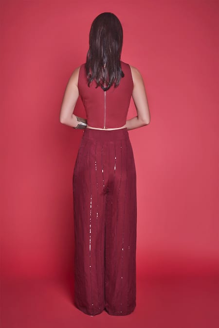 Shop_JADE BY MONICA & KARISHMA_Maroon Organza, Lycra, Crepe Silk Round Jacket And Pant Set _at_Aza_Fashions