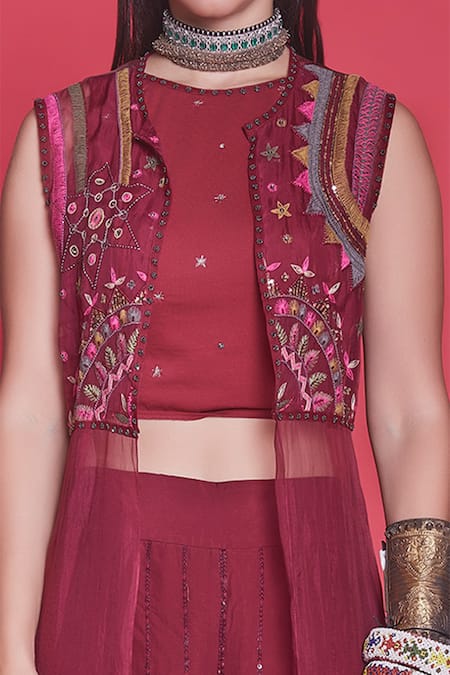 JADE BY MONICA & KARISHMA_Maroon Organza, Lycra, Crepe Silk Round Jacket And Pant Set _Online_at_Aza_Fashions