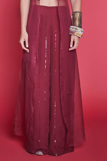 Buy_JADE BY MONICA & KARISHMA_Maroon Organza, Lycra, Crepe Silk Round Jacket And Pant Set _Online_at_Aza_Fashions