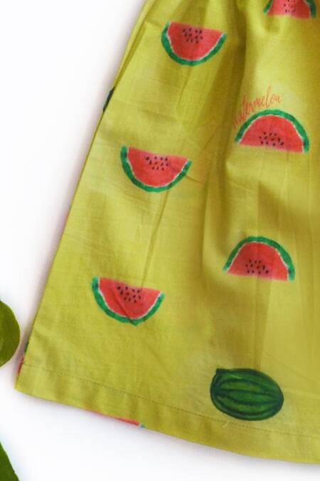 Miko Lolo_Yellow Organic Cotton Poplin Printed Watermelon Skirt _Online_at_Aza_Fashions