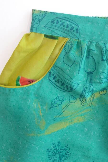 Shop_Miko Lolo_Blue Organic Cotton Poplin Vegetable Motifs, Bowl Printed Ruffle Shorts Set_Online_at_Aza_Fashions