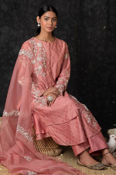 Vidushi Gupta Pink Organza Embroidered Kurta Set