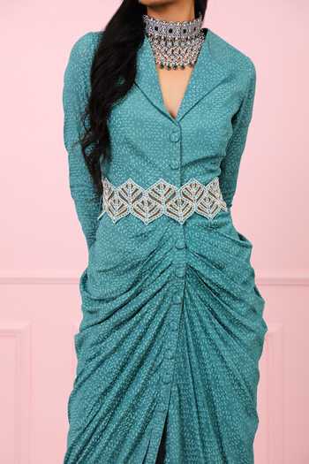 Buy Vidushi Gupta Blue Draped Dress With Belt Online at Aza Fashions Buy_Vidushi Gupta_Blue Draped Dress With Belt _Online_at_Aza_Fashions