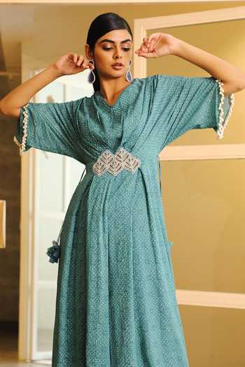 Vidushi Gupta_Blue Printed Pleated Jumpsuit _Online_at_Aza_Fashions